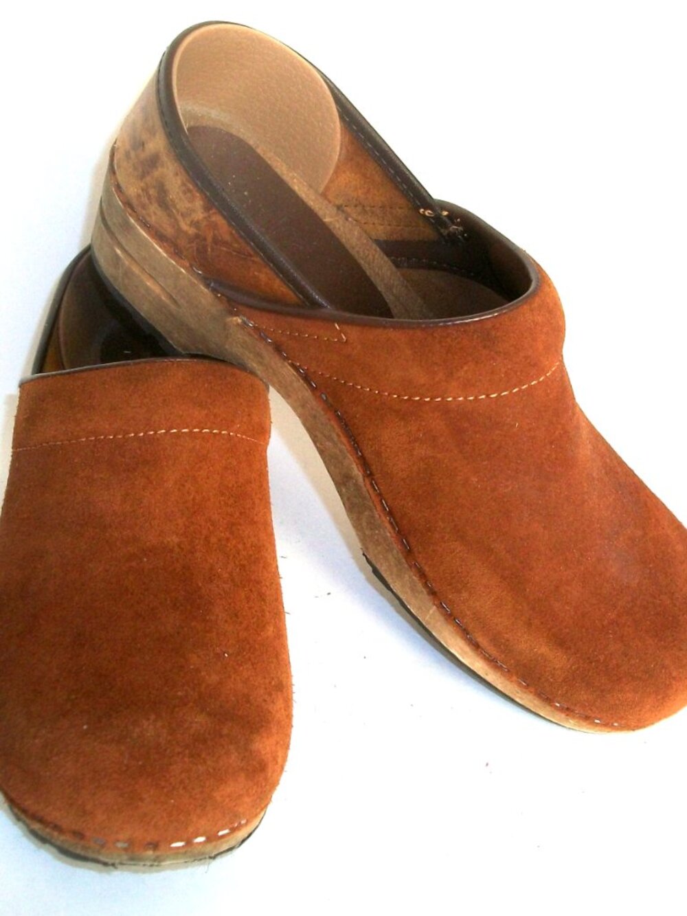 Rustic Sanita Vintage Wood, Suede & Hard Leather Rubber Sole Clogs - Picture 2 of 9